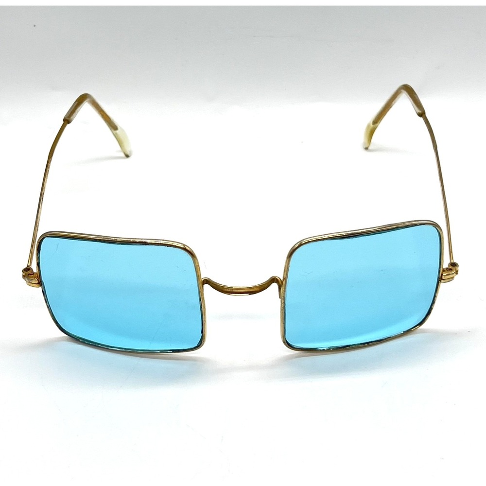 Vintage Square Sunglasses Womens Blue Lens Gold Metal Frame Lightweight Tinted